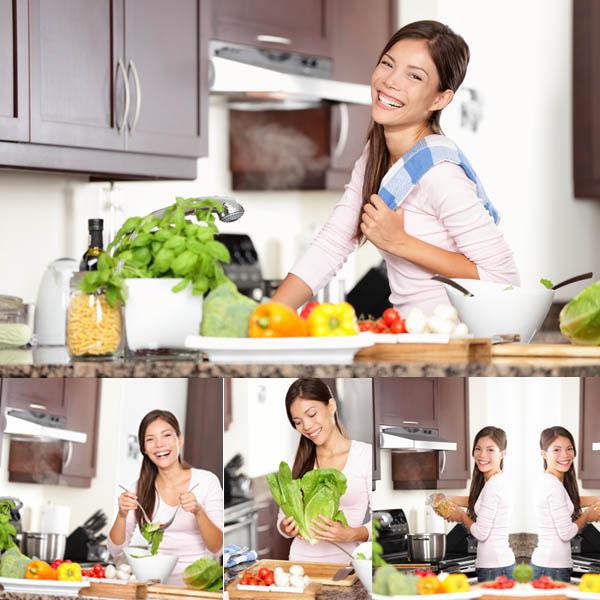 Stock Photo: Woman making salad in kitchen